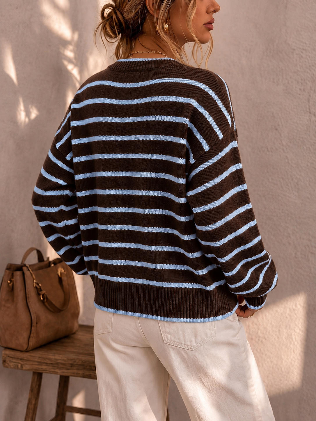 Women's Oversized Striped Knit Cardigan – Round Neck Contrast Trim Button Front Knit