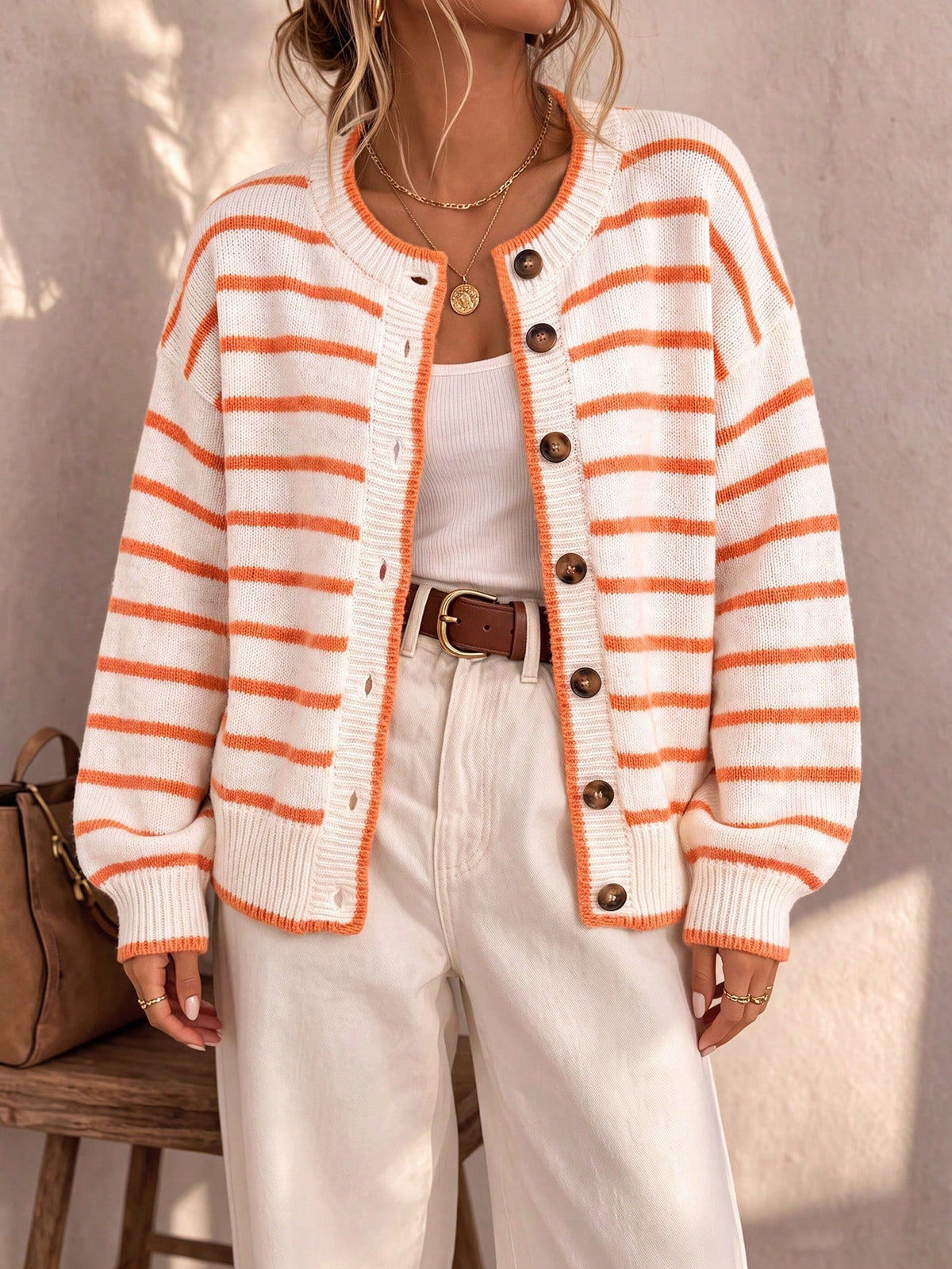 Women's Oversized Striped Knit Cardigan – Round Neck Contrast Trim Button Front Knit