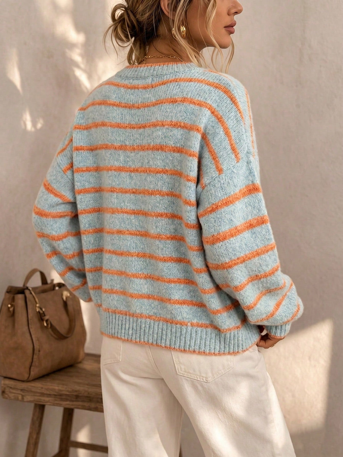Women's Oversized Striped Knit Cardigan – Round Neck Contrast Trim Button Front Knit