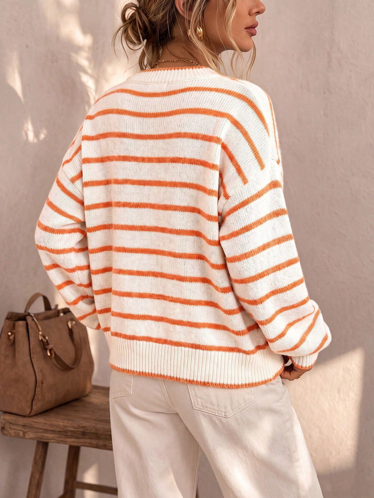 Women's Oversized Striped Knit Cardigan – Round Neck Contrast Trim Button Front Knit