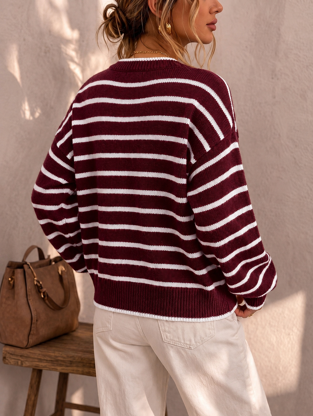 Women's Oversized Striped Knit Cardigan – Round Neck Contrast Trim Button Front Knit