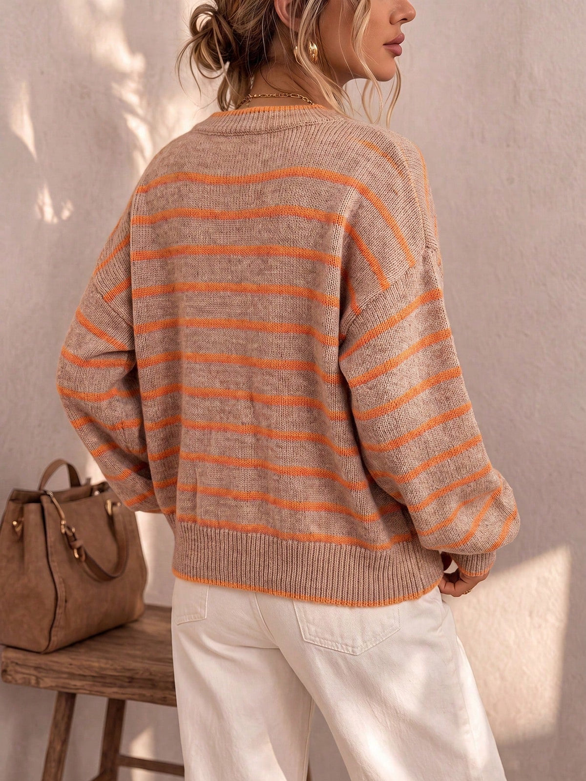 Women's Oversized Striped Knit Cardigan – Round Neck Contrast Trim Button Front Knit