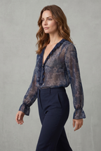 Women's Paisley Print Blouse – Deep V Neck Ruffle Trim Sheer Sleeve Blouse