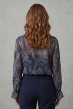 Women's Paisley Print Blouse – Deep V Neck Ruffle Trim Sheer Sleeve Blouse