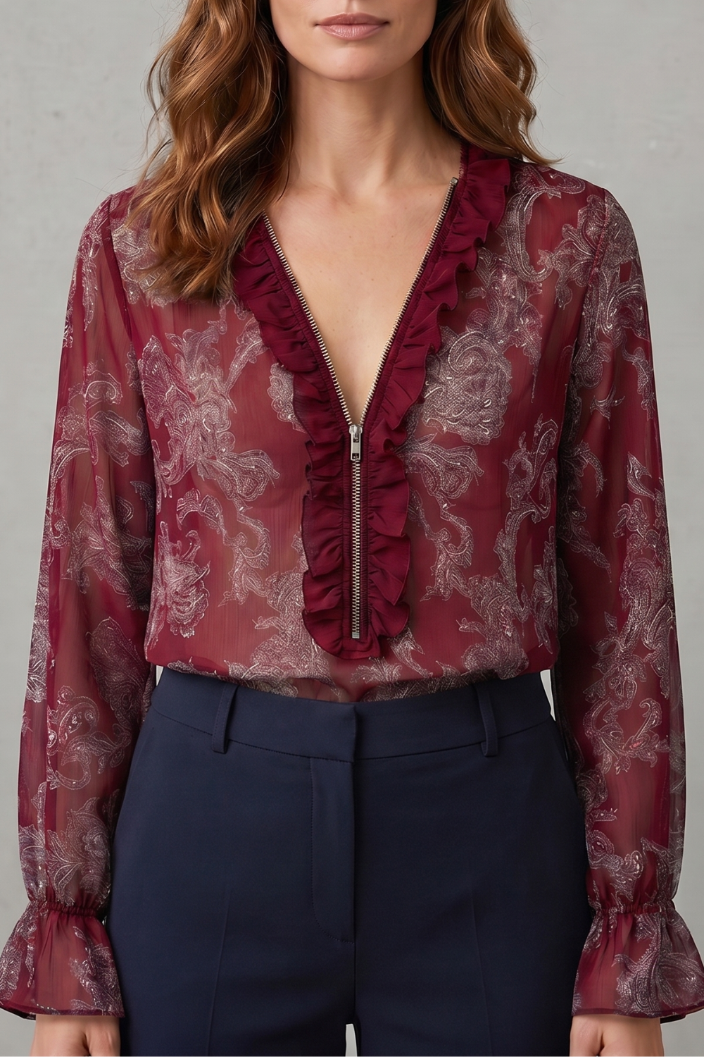 Women's Paisley Print Blouse – Deep V Neck Ruffle Trim Sheer Sleeve Blouse