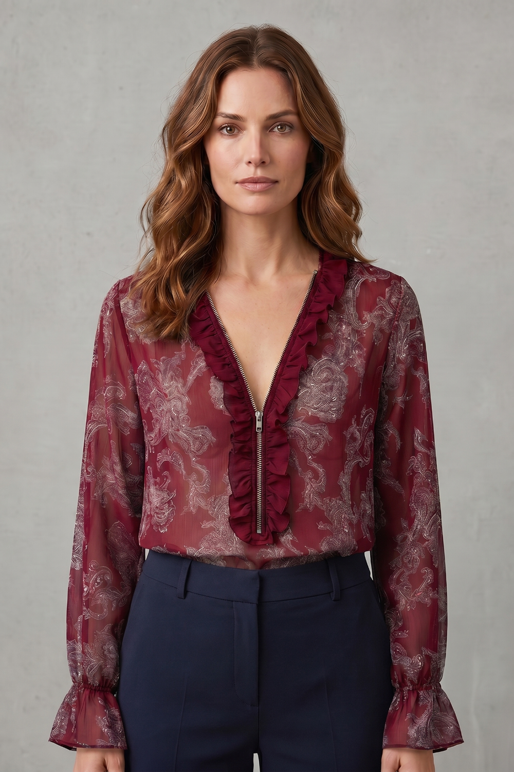 Women's Paisley Print Blouse – Deep V Neck Ruffle Trim Sheer Sleeve Blouse