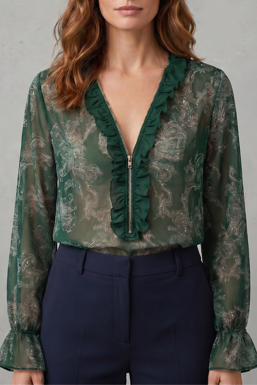 Women's Paisley Print Blouse – Deep V Neck Ruffle Trim Sheer Sleeve Blouse