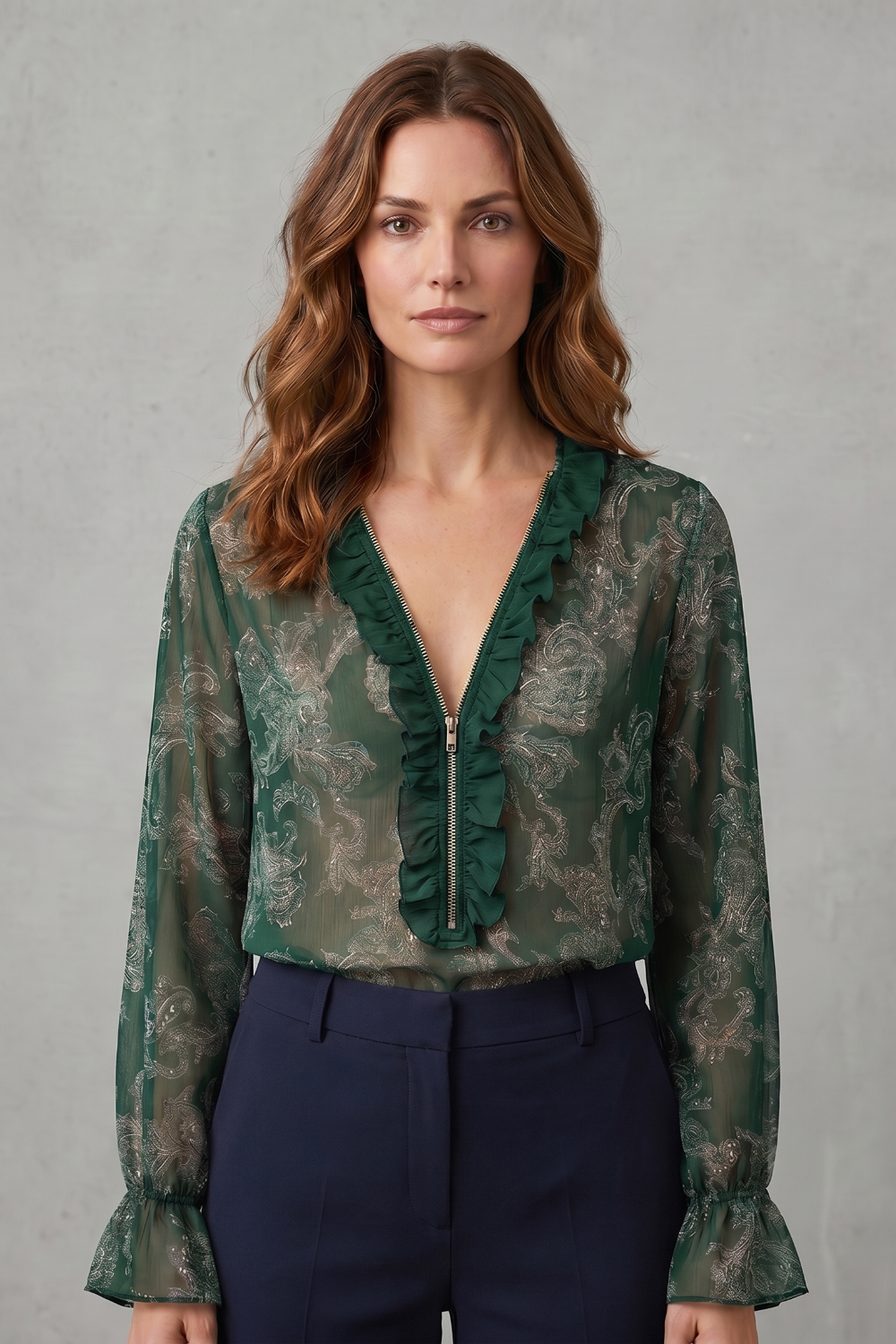 Women's Paisley Print Blouse – Deep V Neck Ruffle Trim Sheer Sleeve Blouse