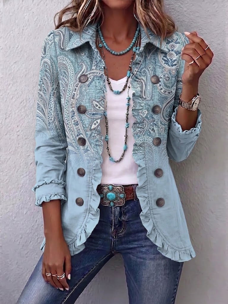Kacob | Women's Paisley Print Double Breasted Jacket – Ruffle Hem Vintage Jacket
