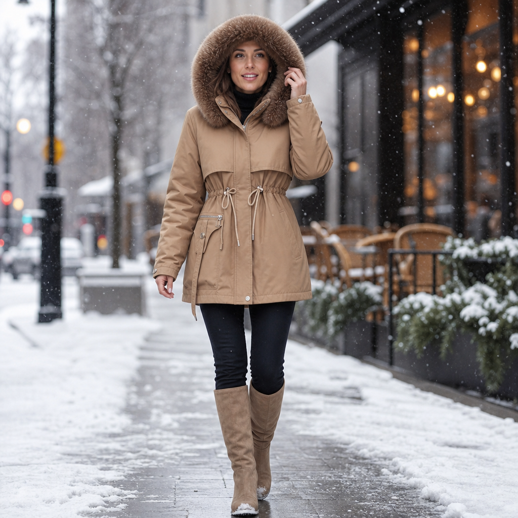 Kacob | Women's Parka Coat – Faux Fur Hood Drawstring Waist Winter Parka