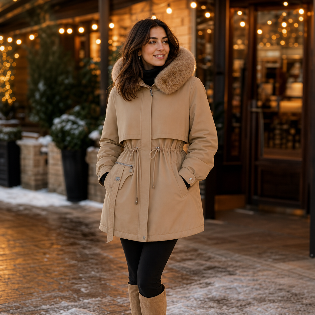 Kacob | Women's Parka Coat – Faux Fur Hood Drawstring Waist Winter Parka