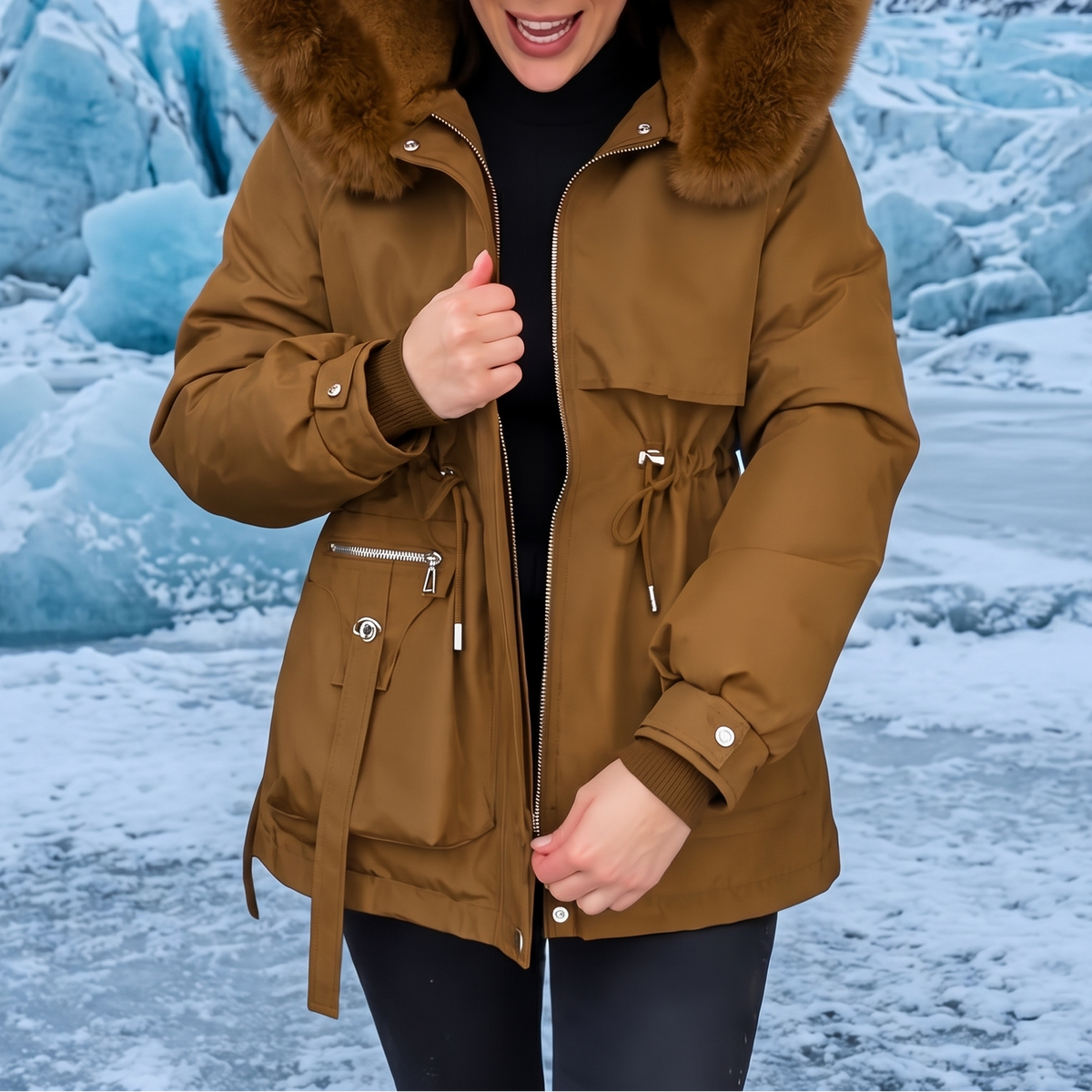 Kacob | Women's Parka Coat – Faux Fur Hood Drawstring Waist Winter Parka