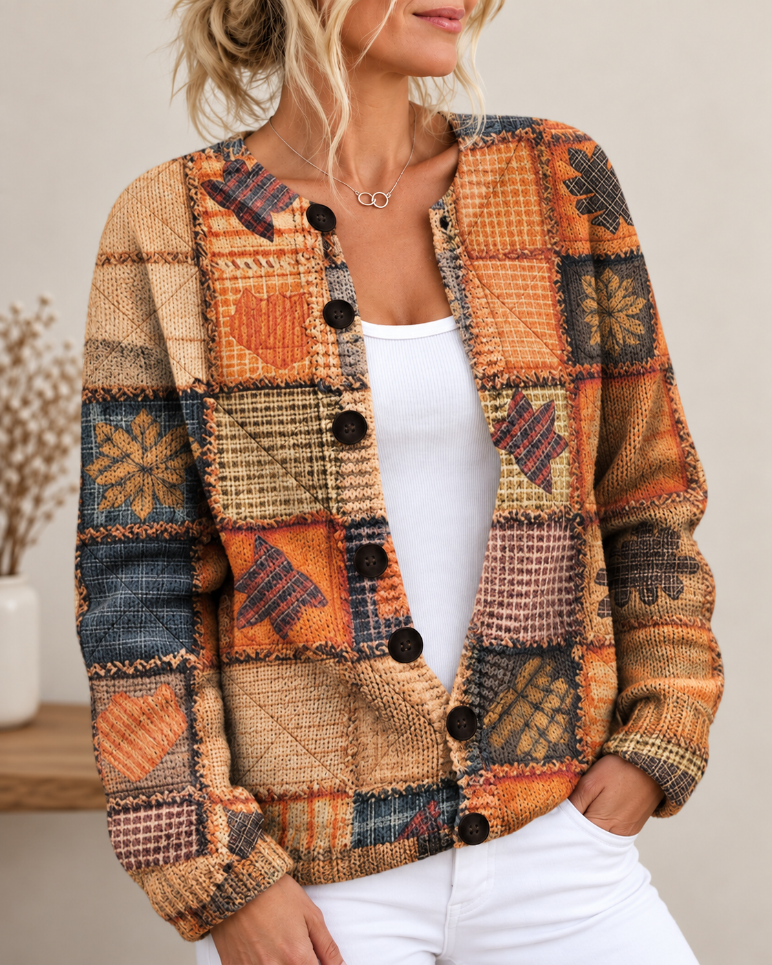 Kacob | Women's Patchwork Knitted Cardigan – Buttoned Autumn Cardigan