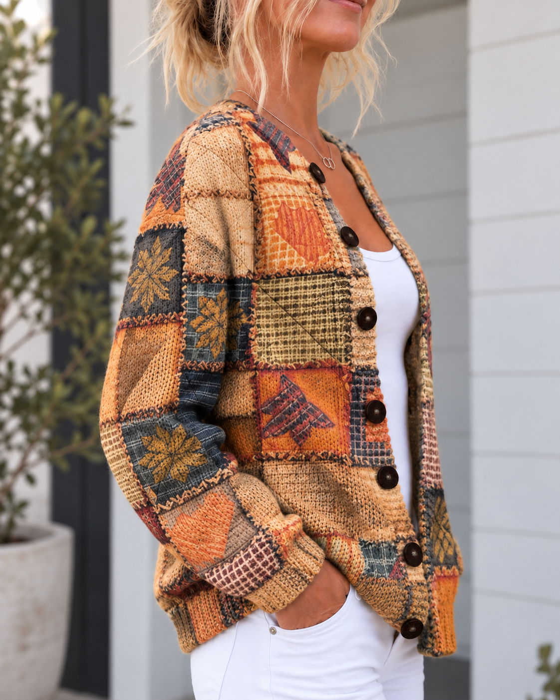Kacob | Women's Patchwork Knitted Cardigan – Buttoned Autumn Cardigan
