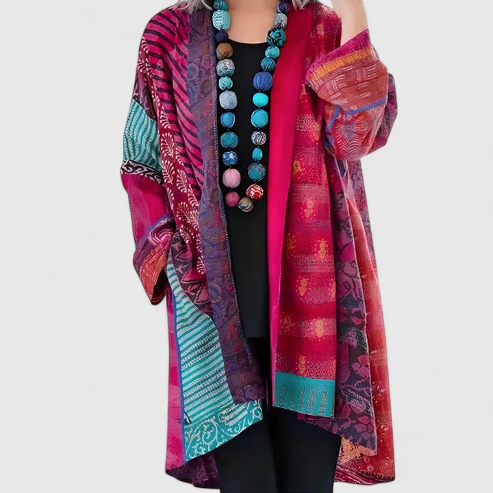 Women's Patchwork Print Kimono Cardigan – Open Front Longline Boho Cover Up
