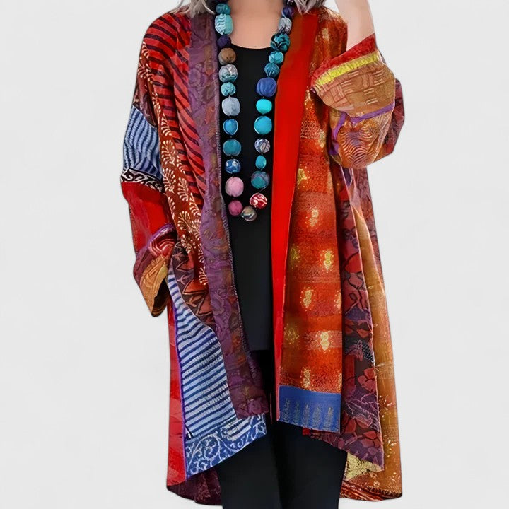 Women's Patchwork Print Kimono Cardigan – Open Front Longline Boho Cover Up