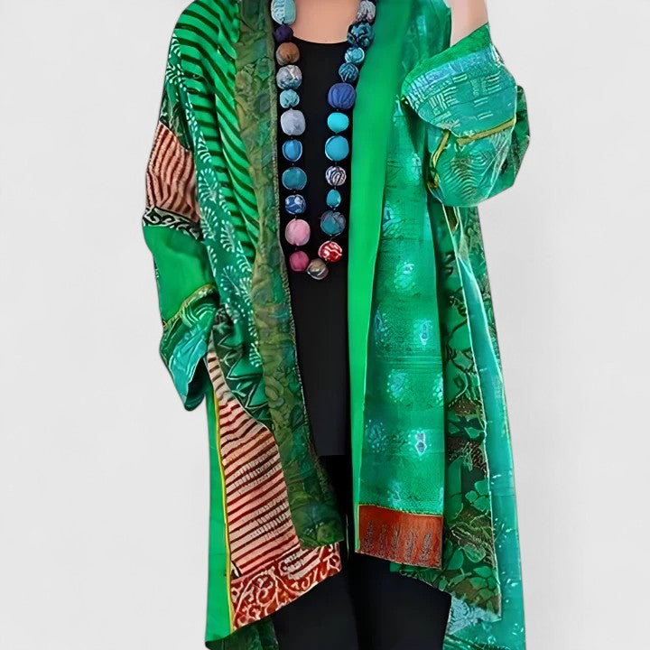 Women's Patchwork Print Kimono Cardigan – Open Front Longline Boho Cover Up