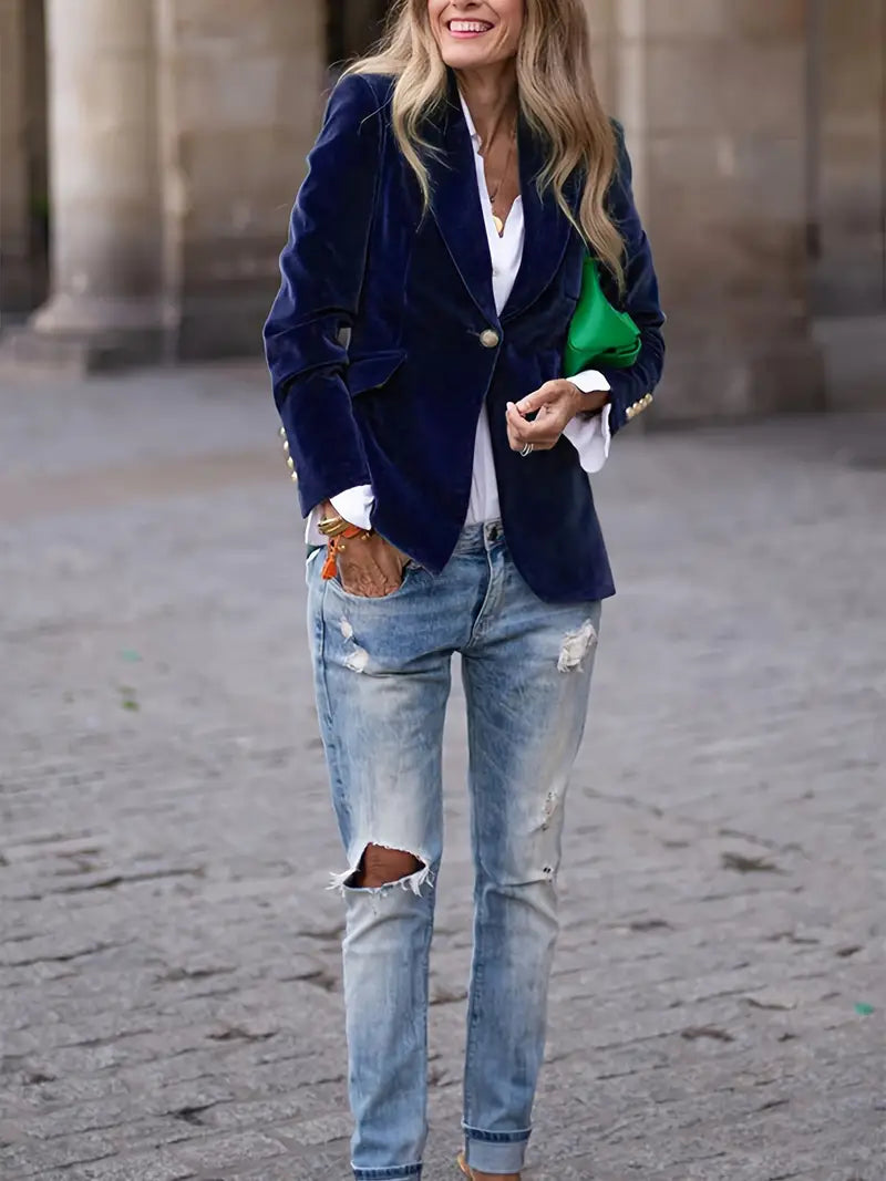 Kacob | Women's Peak Lapel Blazer – Single Button Gold Cuff Evening Blazer