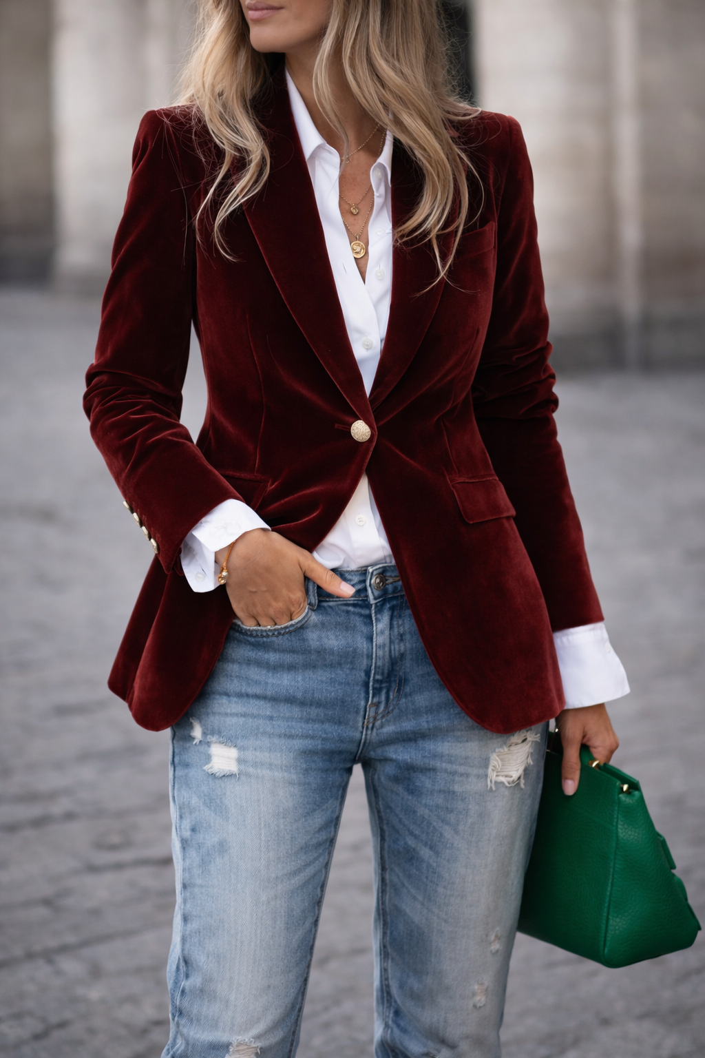 Kacob | Women's Peak Lapel Blazer – Single Button Gold Cuff Evening Blazer