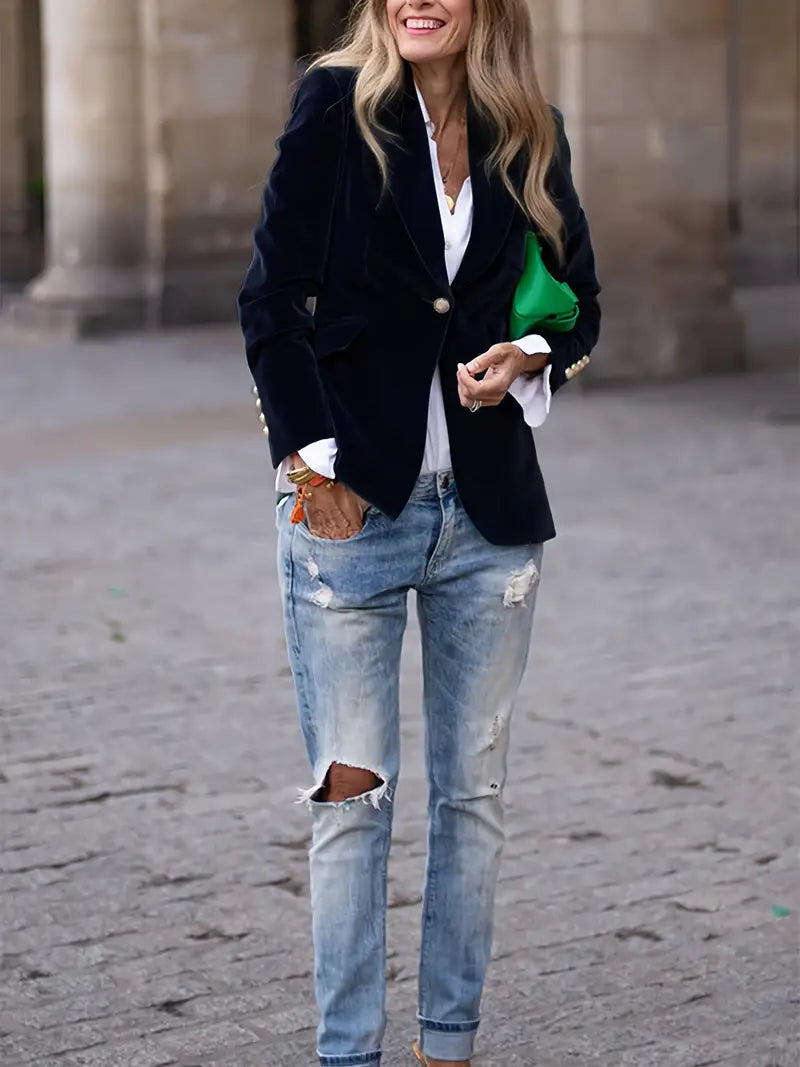 Kacob | Women's Peak Lapel Blazer – Single Button Gold Cuff Evening Blazer