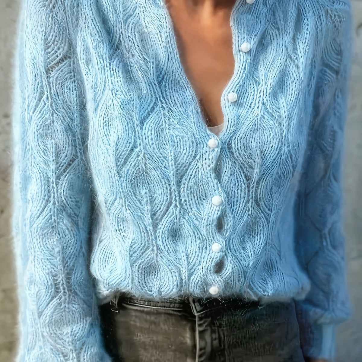 Women's Pearl Button Pointelle Cardigan – Round Neck Leaf Pattern Brushed Knit