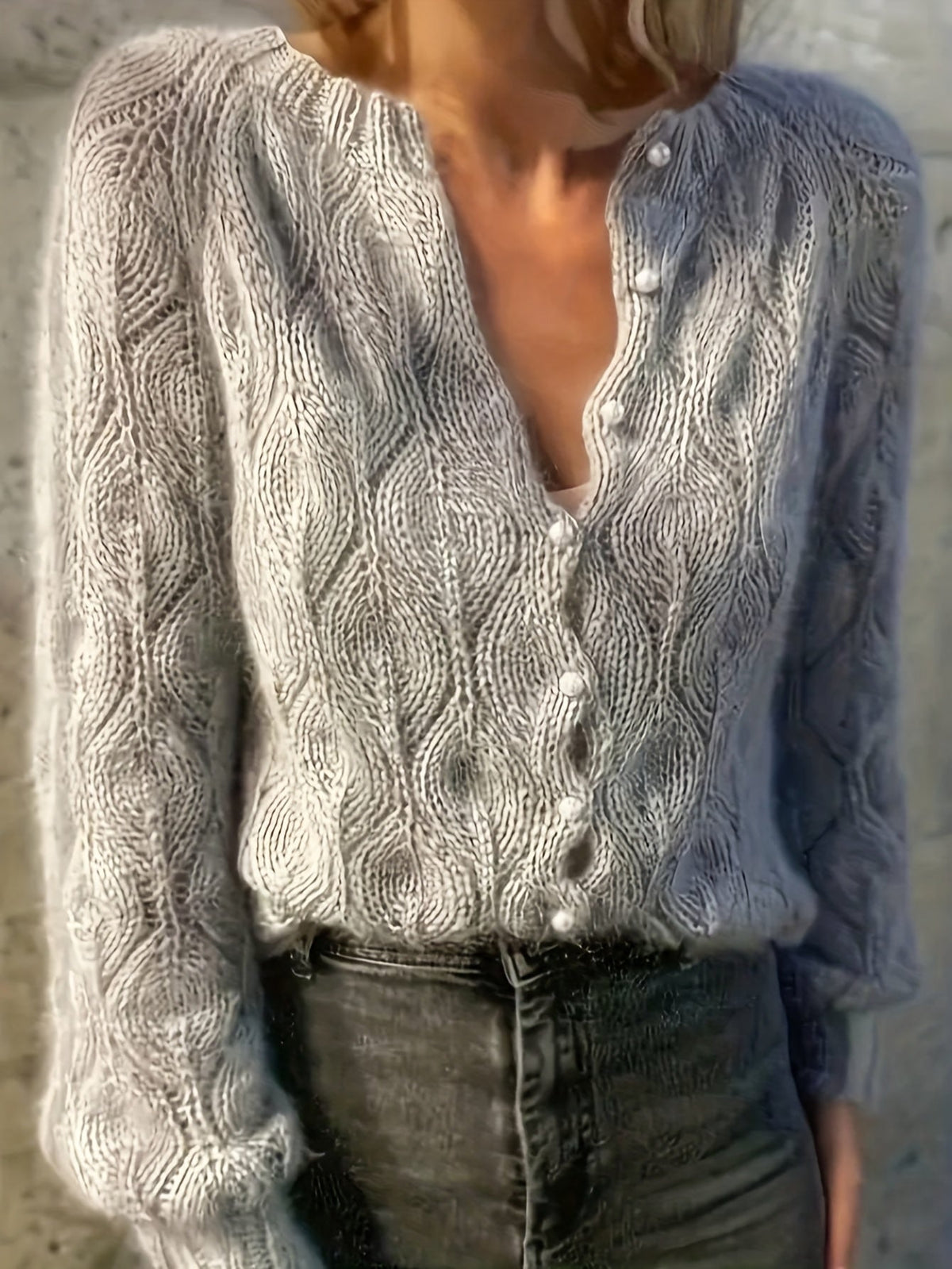 Women's Pearl Button Pointelle Cardigan – Round Neck Leaf Pattern Brushed Knit