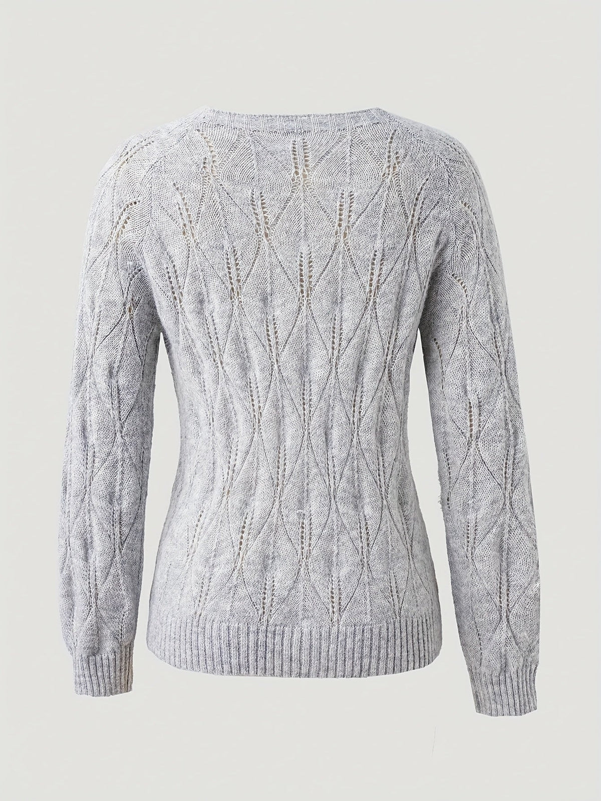 Women's Pearl Button Pointelle Cardigan – Round Neck Leaf Pattern Brushed Knit