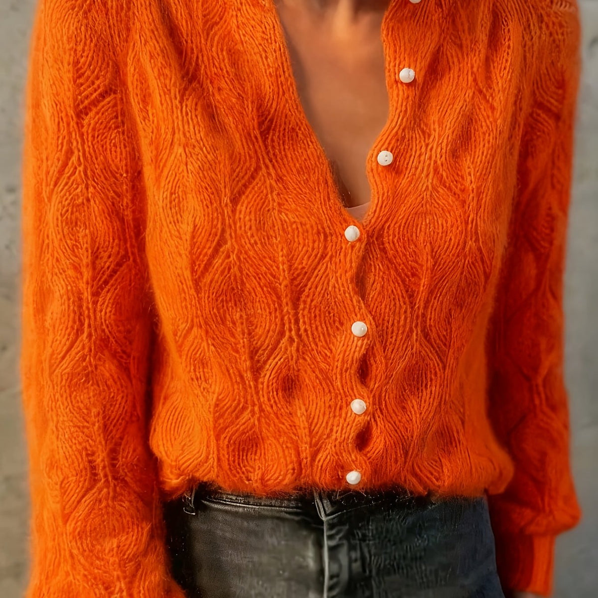 Women's Pearl Button Pointelle Cardigan – Round Neck Leaf Pattern Brushed Knit