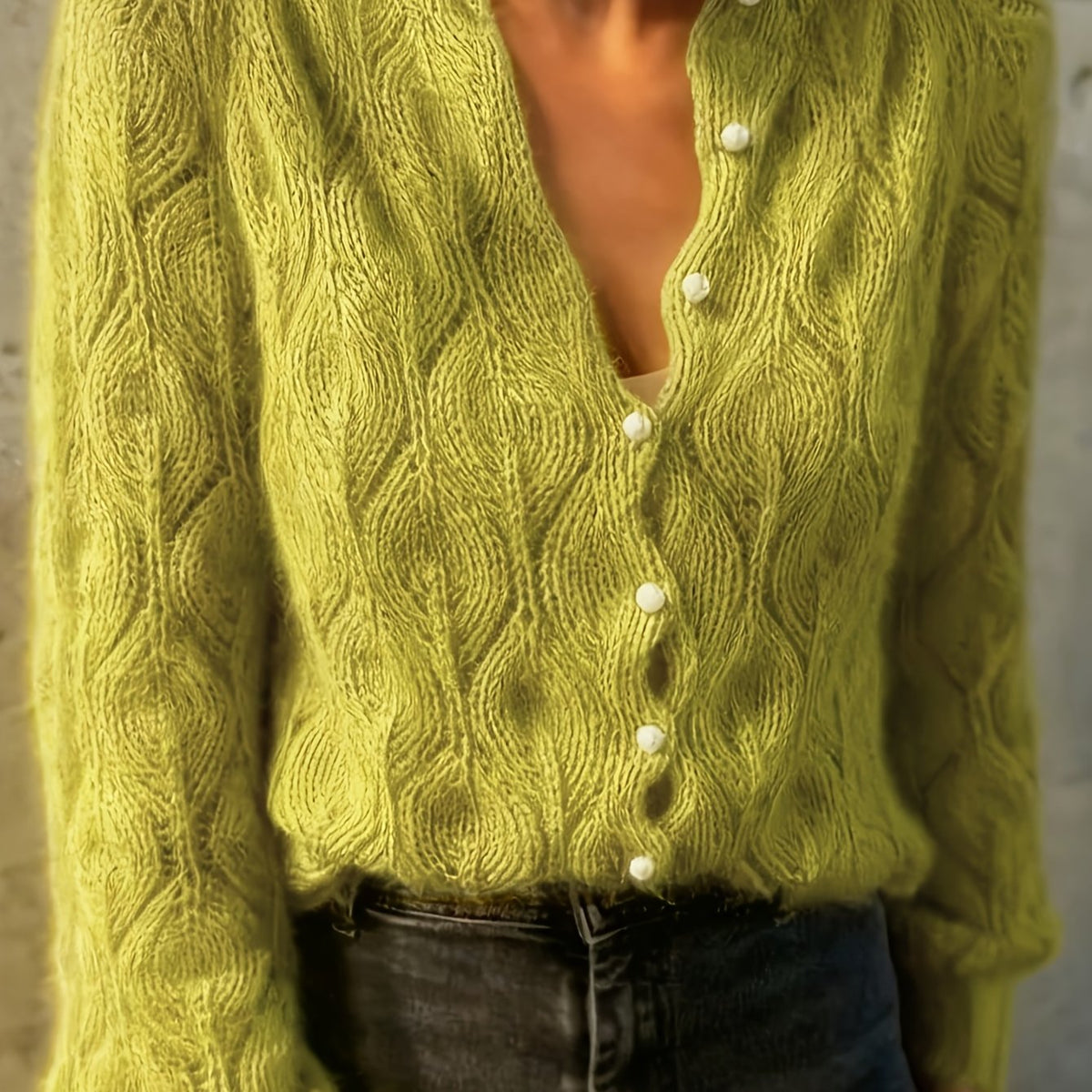 Women's Pearl Button Pointelle Cardigan – Round Neck Leaf Pattern Brushed Knit