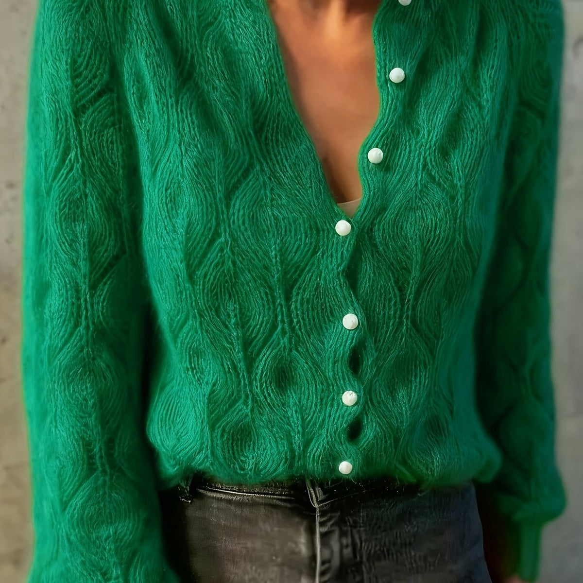 Women's Pearl Button Pointelle Cardigan – Round Neck Leaf Pattern Brushed Knit