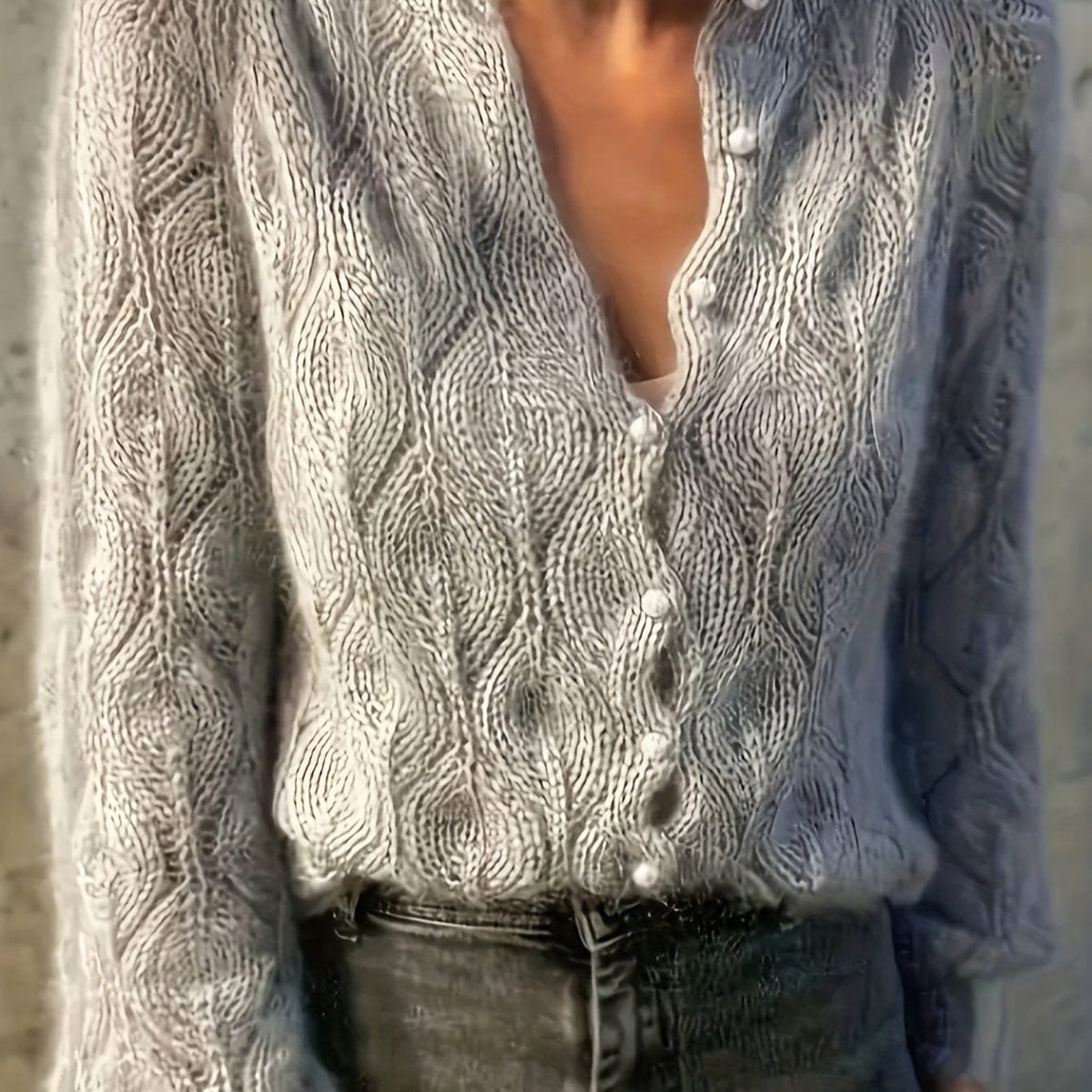 Women's Pearl Button Pointelle Cardigan – Round Neck Leaf Pattern Brushed Knit