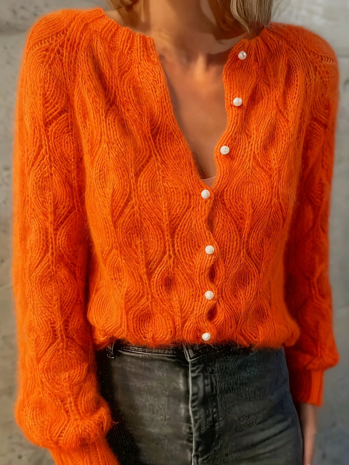 Women's Pearl Button Pointelle Cardigan – Round Neck Leaf Pattern Brushed Knit