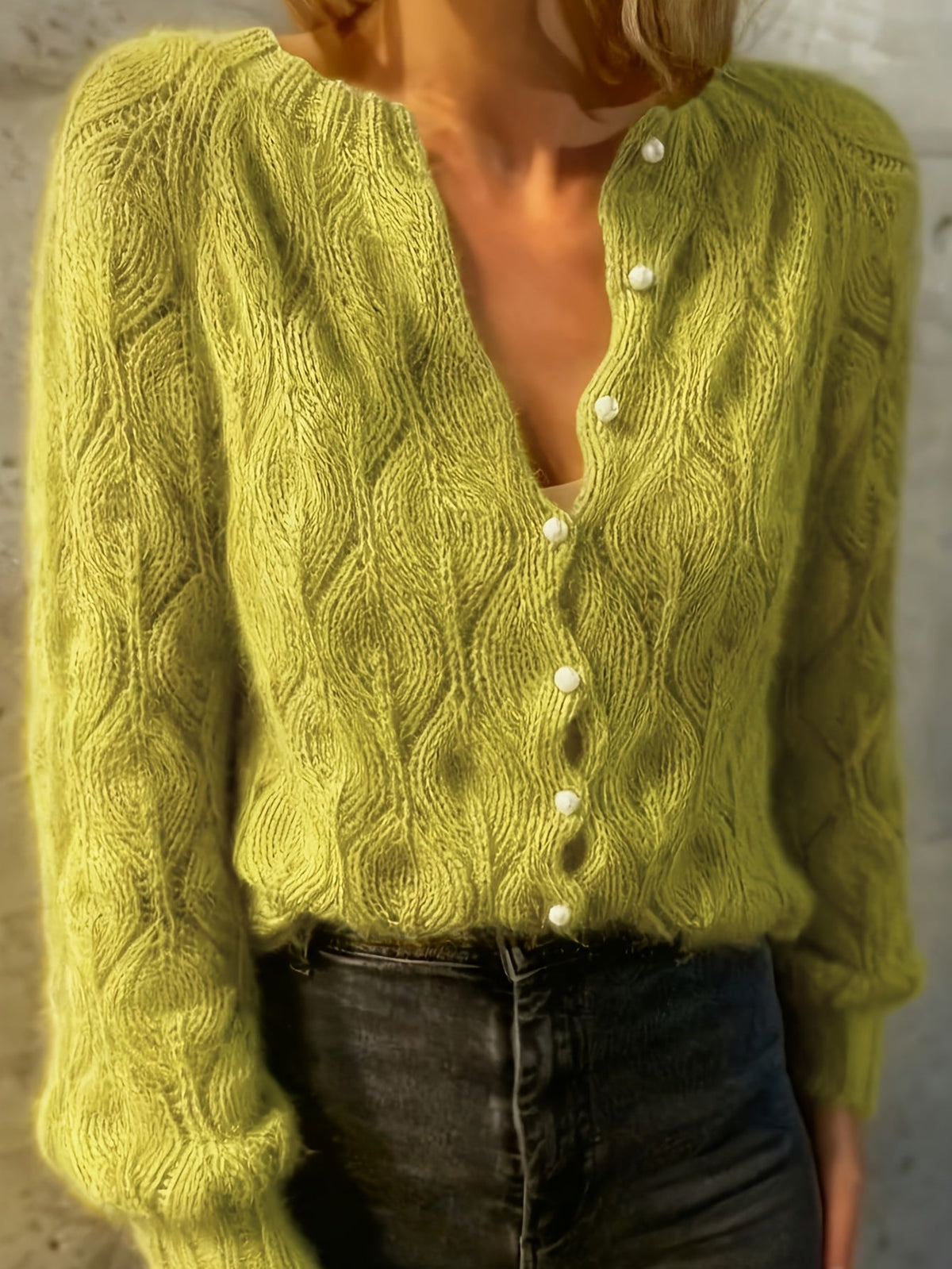 Women's Pearl Button Pointelle Cardigan – Round Neck Leaf Pattern Brushed Knit