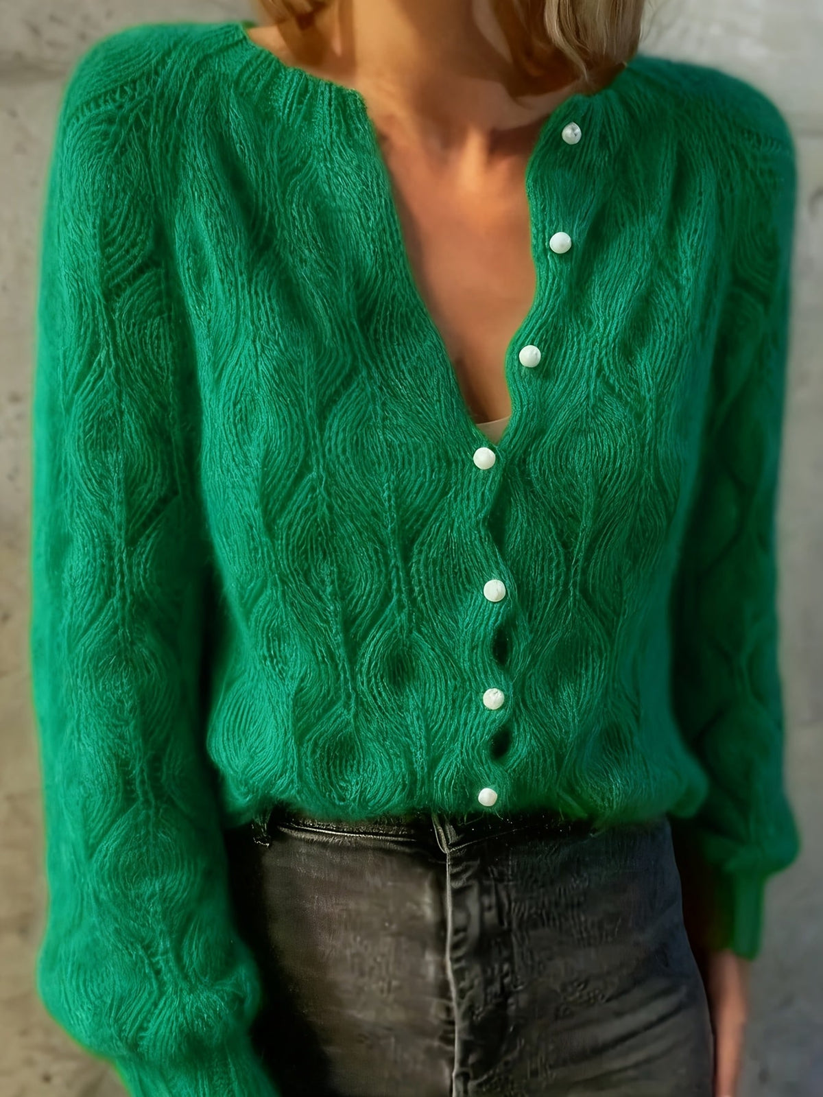 Women's Pearl Button Pointelle Cardigan – Round Neck Leaf Pattern Brushed Knit