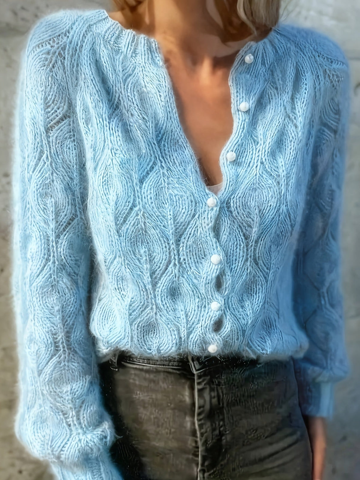 Women's Pearl Button Pointelle Cardigan – Round Neck Leaf Pattern Brushed Knit