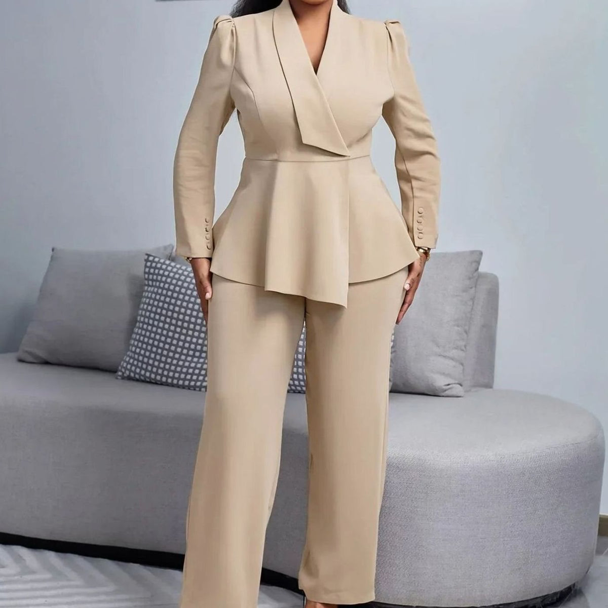 Kacob | Women's Peplum Blazer Suit – Wide Leg Trousers Two-Piece Set