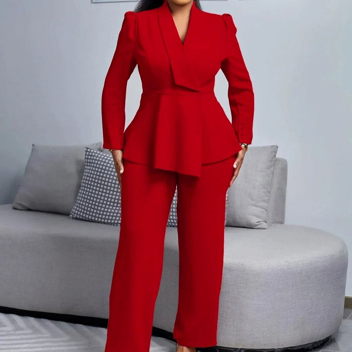 Kacob | Women's Peplum Blazer Suit – Wide Leg Trousers Two-Piece Set