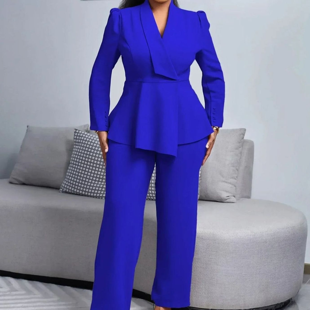 Kacob | Women's Peplum Blazer Suit – Wide Leg Trousers Two-Piece Set