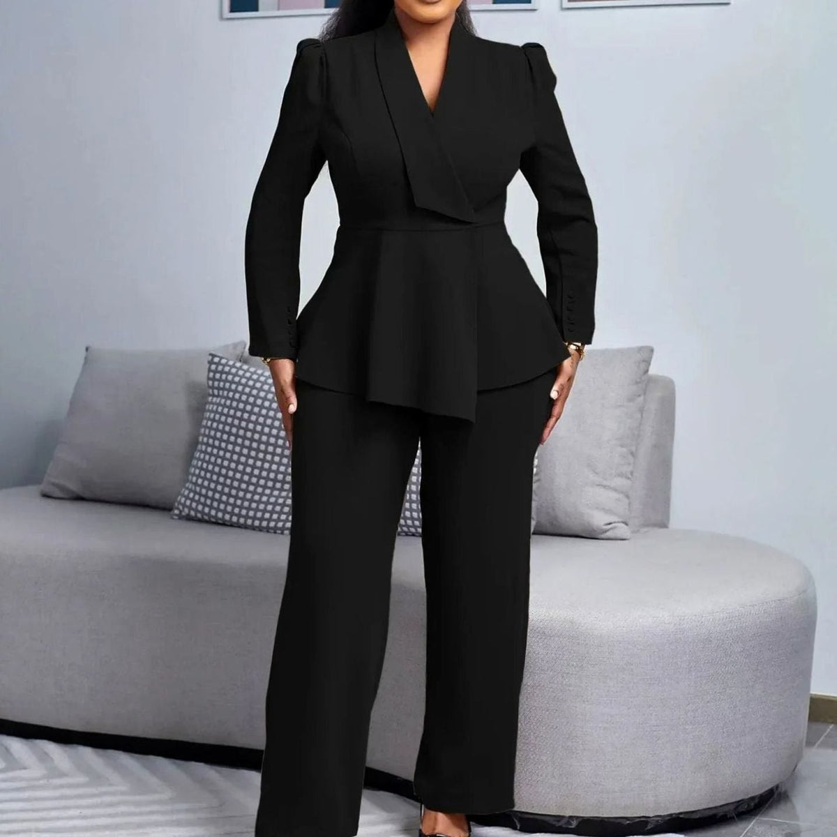 Kacob | Women's Peplum Blazer Suit – Wide Leg Trousers Two-Piece Set