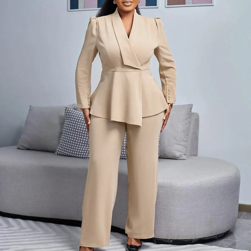 Kacob | Women's Peplum Long Blazer Trouser Suit – Wide Leg Formal Two-Piece
