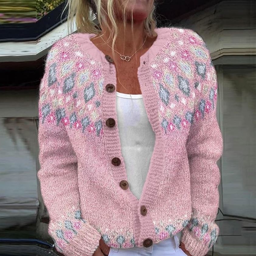 Women's Pink Fair Isle Cardigan – Patterned Yoke Button Front Knit