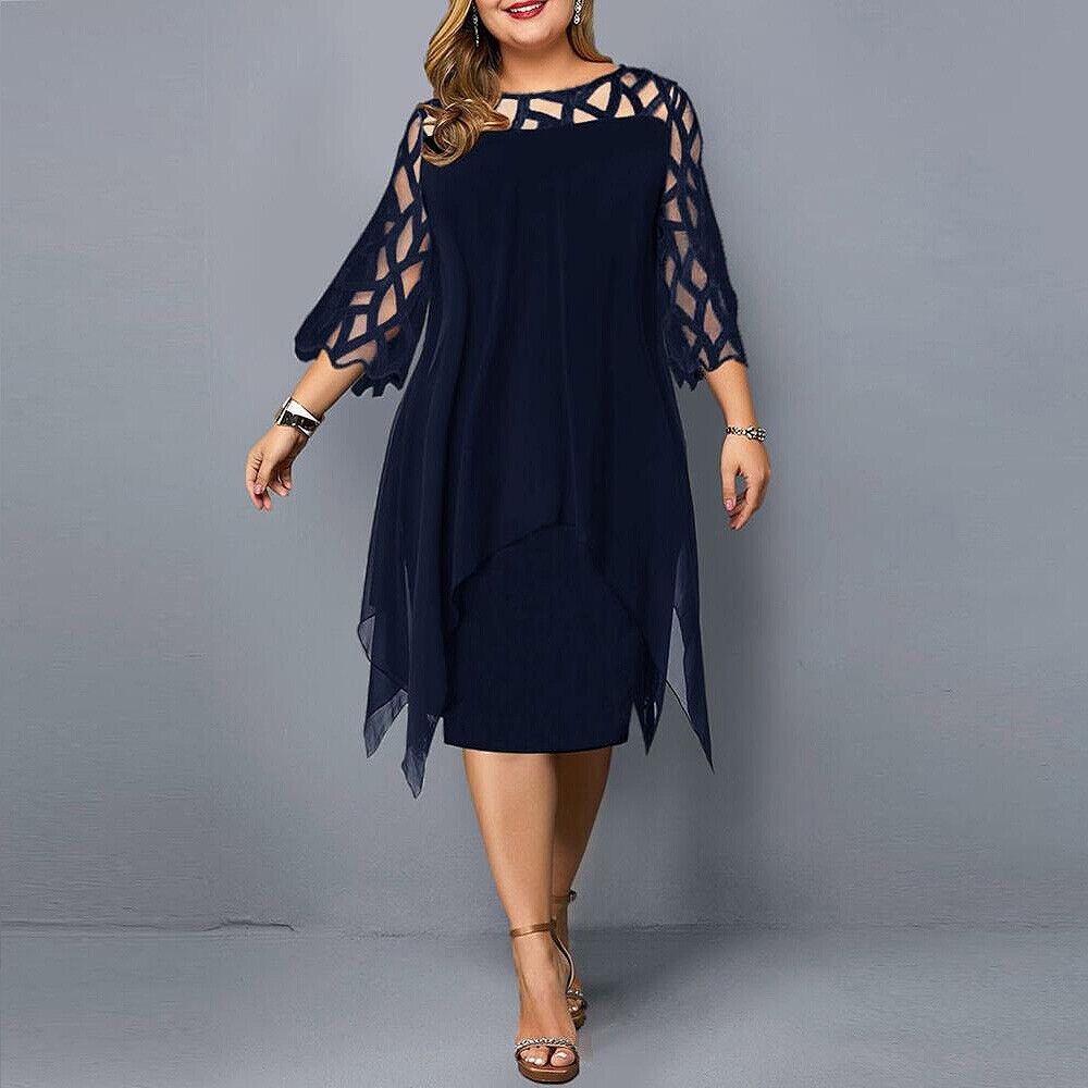 Women's Plus Size Mesh Sleeve Layered Midi Dress