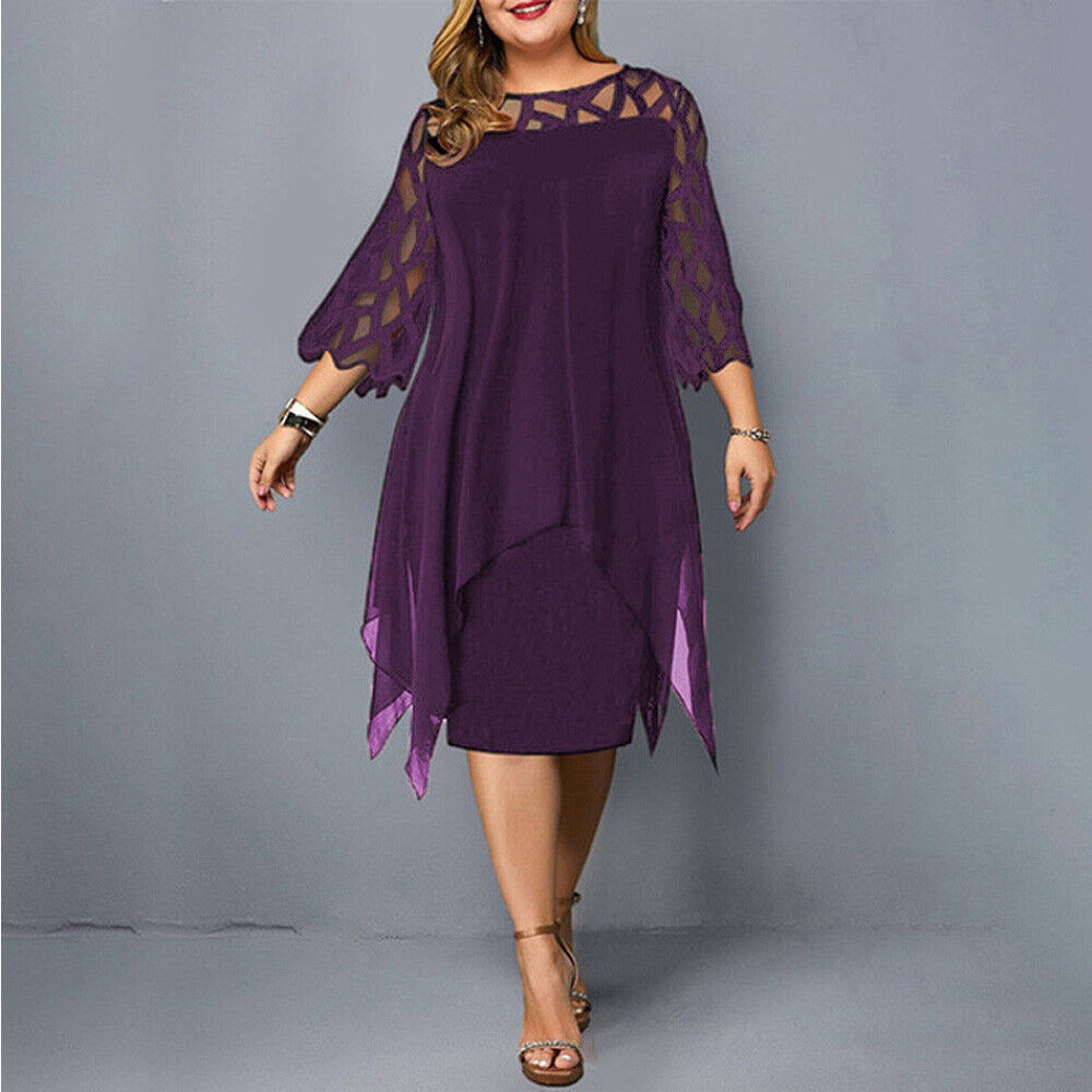 Women's Plus Size Mesh Sleeve Layered Midi Dress