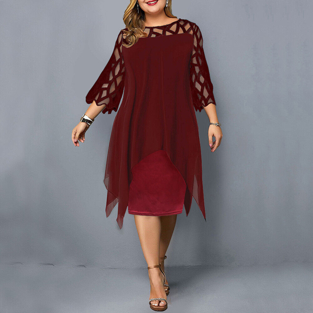 Women's Plus Size Mesh Sleeve Layered Midi Dress