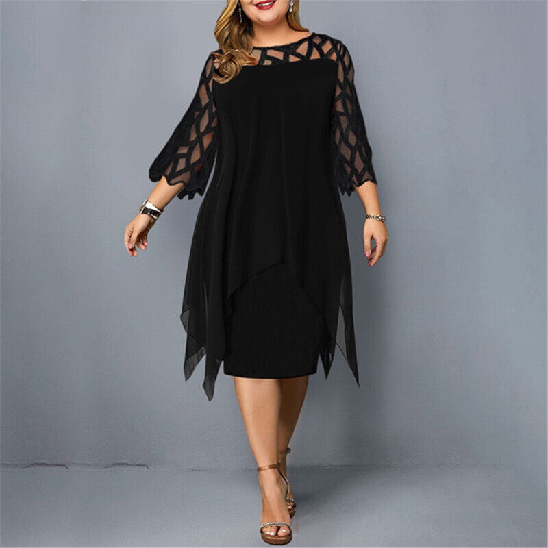 Women's Plus Size Mesh Sleeve Layered Midi Dress