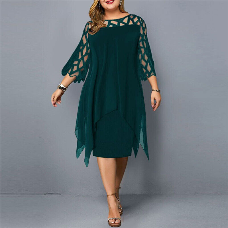 Women's Plus Size Mesh Sleeve Layered Midi Dress