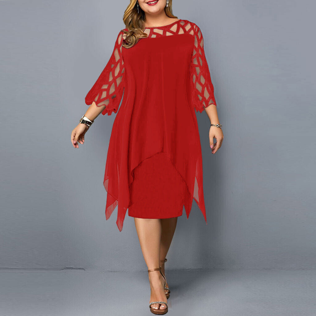 Women's Plus Size Mesh Sleeve Layered Midi Dress