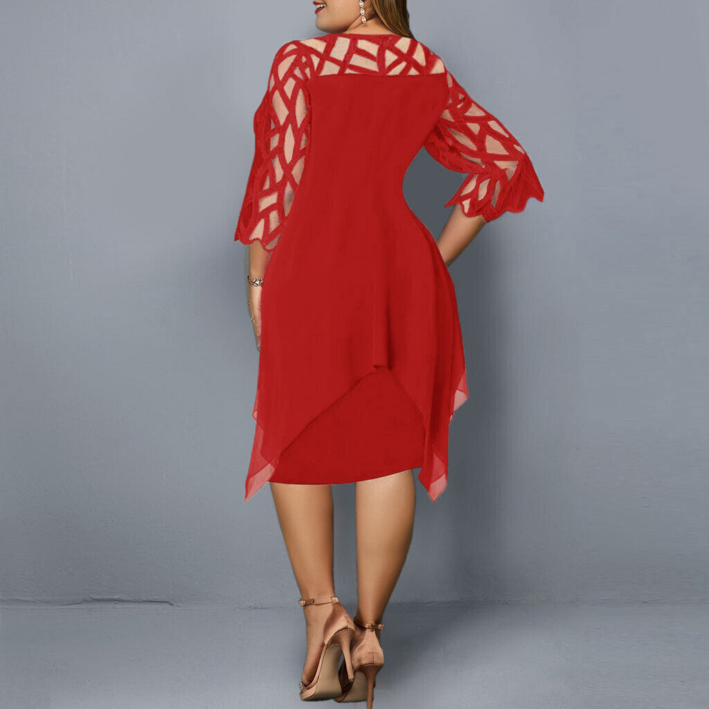 Women's Plus Size Mesh Sleeve Layered Midi Dress
