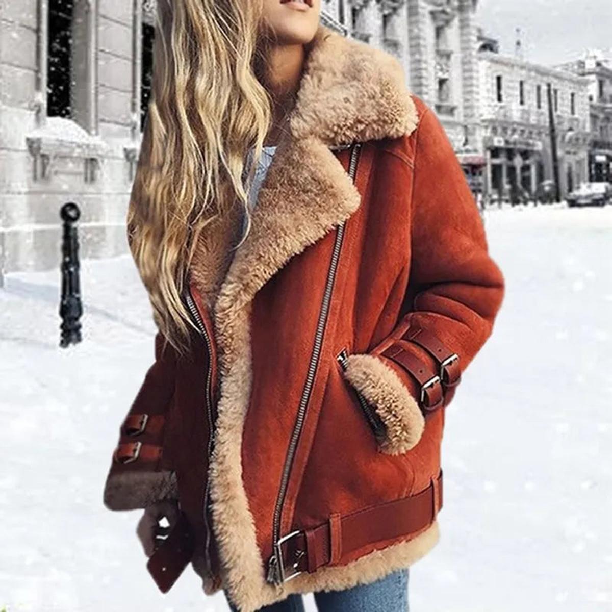 Kacob | Women's Plush Lined Biker Jacket – Zip-Up Winter Jacket with Buckles