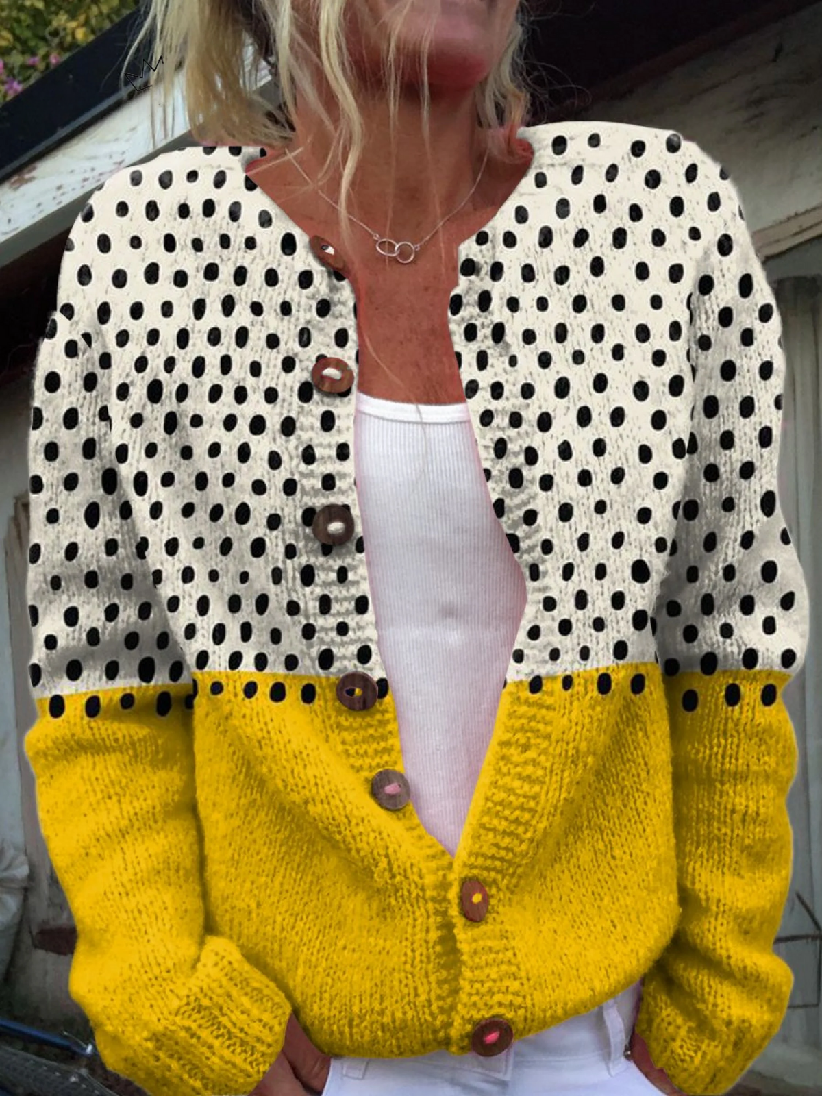 Kacob | Women's Polka Dot Print Knitted Cardigan – Button Up Layering Knit